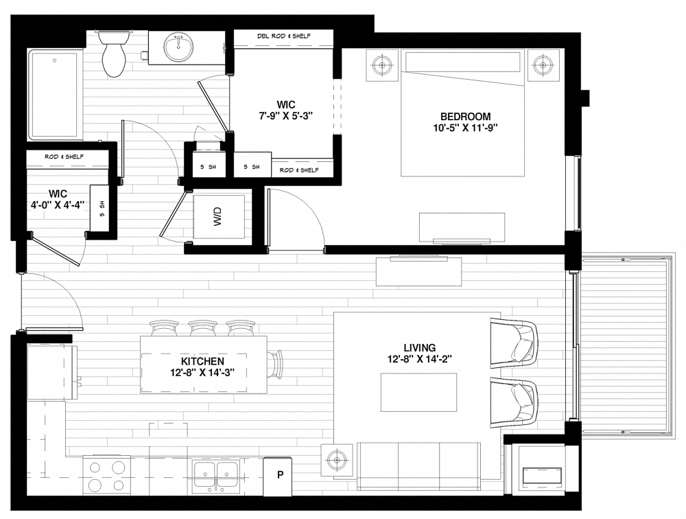 Floor plan for 1 bed, 1 bath, 748 sqft